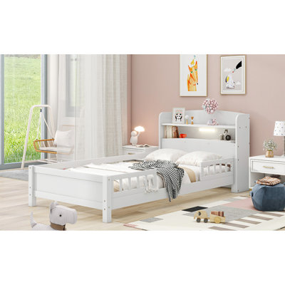 Wood Platform Bed With Built-In LED Light, Storage Headboard And Guardrail