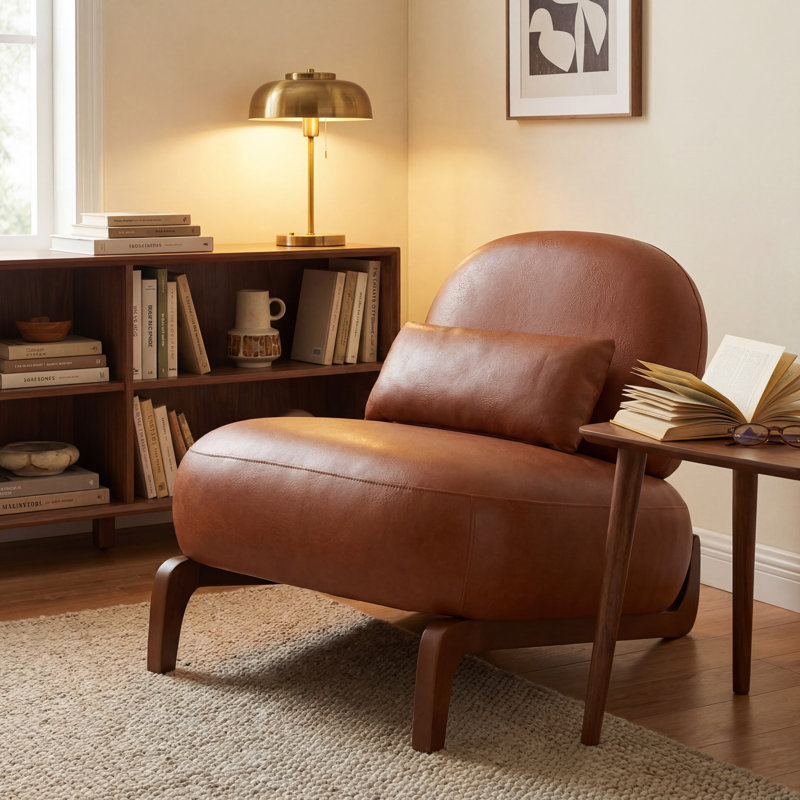 Méridienne Mid-Century moderne avec base traîneau, Similicuir brun cognac
