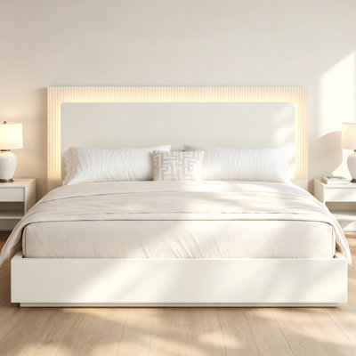 Platform Bed Frame with Headboard and LED Light, Wood Slat Support