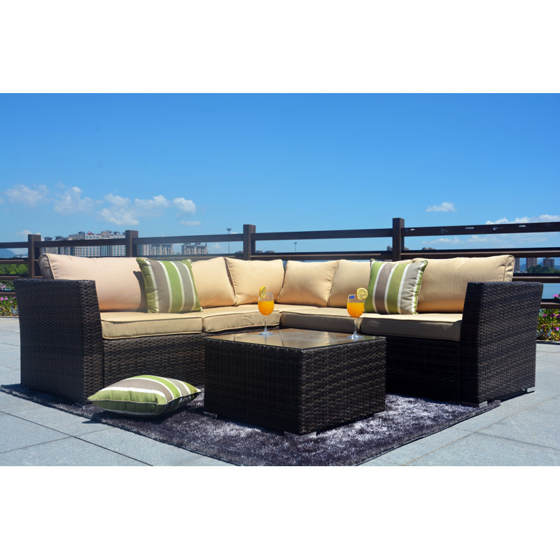 Ensemble de conversation modulaire avec coussins 4 pièces en rotin Messick, Jaune