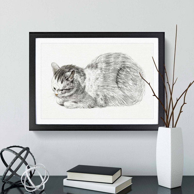 Restful Cat by Jean Bernard - Picture Frame Drawing Print, 27cm H x 36cm W x 2cm D, Black Framed