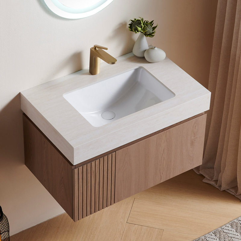 Meuble-lavabo simple en contreplaqué et en bois massif, Heidelberg, 30", Travertin Roma