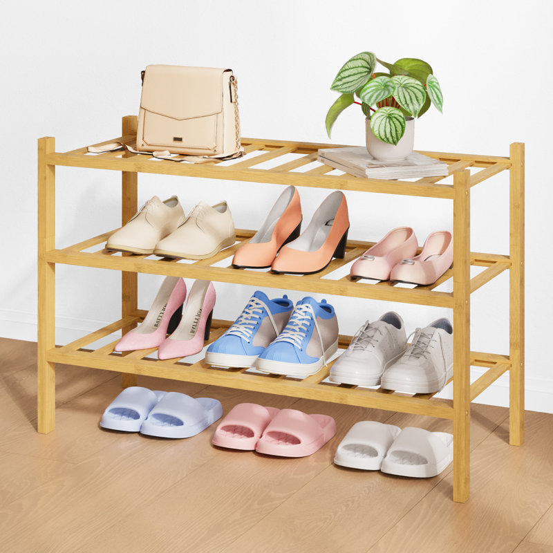 Bamboo Wooden Shoe Rack for Closet - Stackable Shoe Organizer with Modular Structure, Space-Saving Shoe Shelf for Entryway, Living Room, Bedroom, 26.8" x 11" x 18.9", Natural