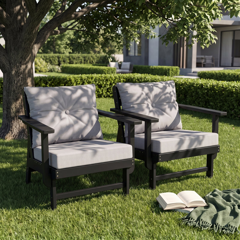 Ensemble de 2 fauteuils d'extérieur en PEHD avec coussins et coussins de dossier pour patio, terrasse et jardin, Black