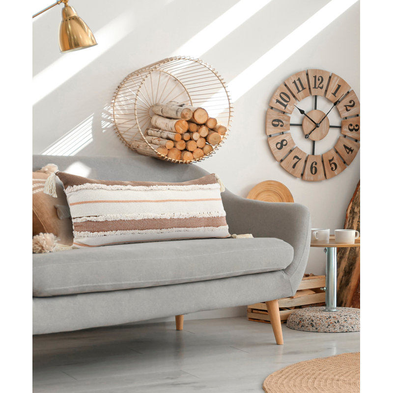 Oreiller à fermeture à glissière 14 po x 36 po 100% coton rayé bleu et blanc cassé 14 po x 36 po, Brun / blanc cassé