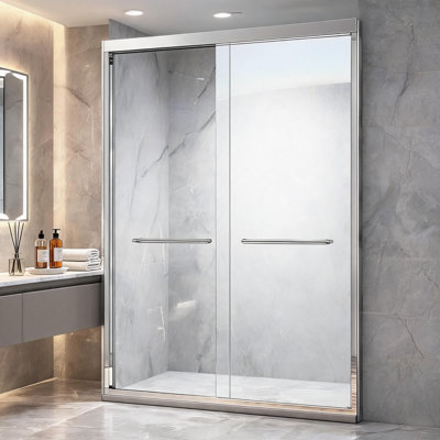 Porte de douche coulissante en aluminium chromé de 127 à 137 cm (50 à 54 pouces) avec design semi-sans cadre et verre trempé transparent certifié.