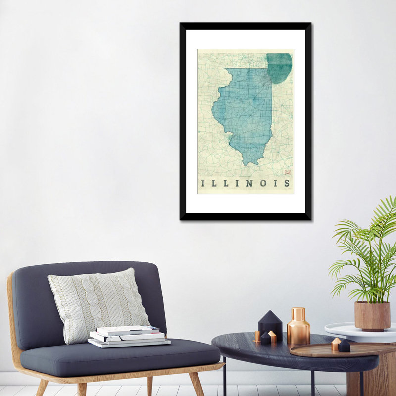 « illinois map », impression sur toile, Papier avec cadre noir, H 24 po x l 16 po x P 1 po, Blanc