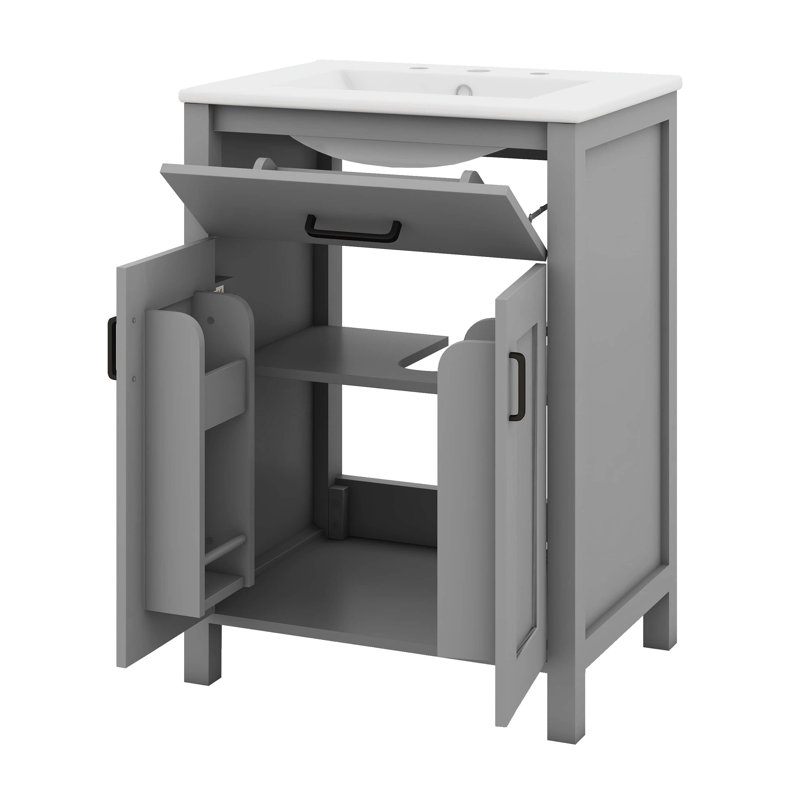 Meuble-lavabo 24 po avec lavabo, petit meuble-lavabo avec 2 portes à fermeture en douceur, tiroir rabattable et tablette