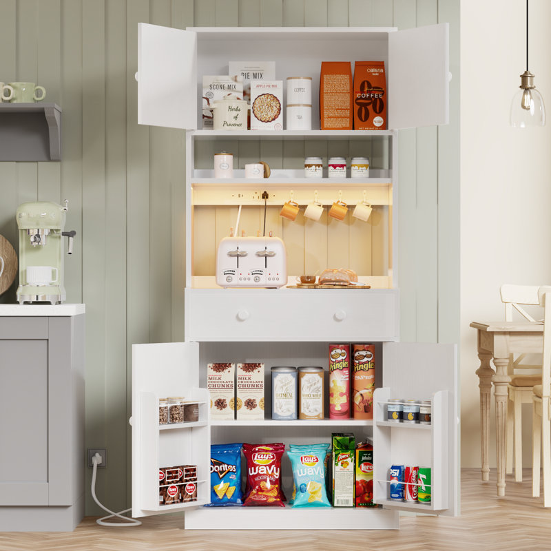 Armoire de cuisine 71 po avec portes, tiroir, armoire de ferme avec prise de courant et lumière DEL 71 po, Blanc