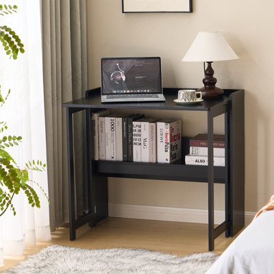 Table pliante avec tablette de rangement, bureau d'ordinateur pliable de 32,6 pouces pour les petits espaces, petit bureau d'écriture pour chambre à coucher, bureau à domicile et appartement, noir