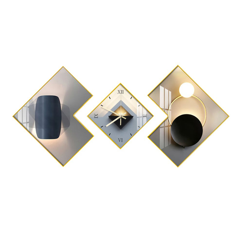 3Pcs Modern Geometric Wall Clock Decor Set Canvas Painting Wall Clocks With Gold Frame