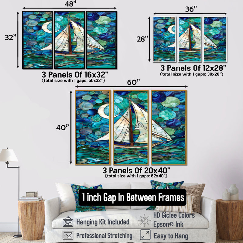 Voilier, océan, ciel, cercles, vert et bleu - Bateau, art mural, ensemble de salon, Cadre flottant doré