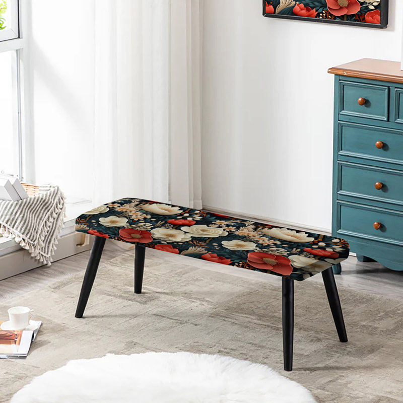 Rustic Enchanting White Floral Impression - Floral Upholstered Black Bench