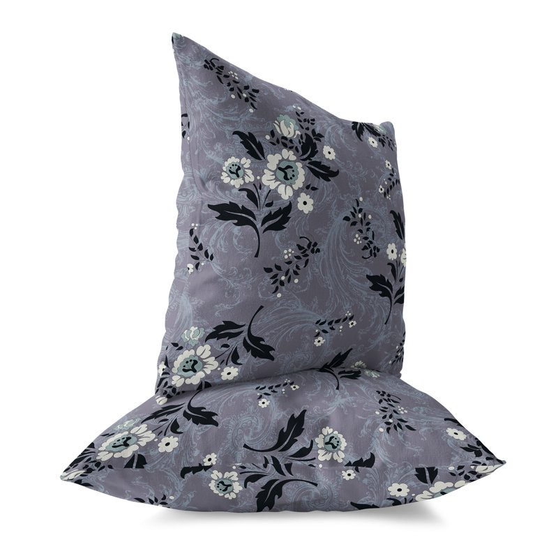 Gray and Black Floral Faux Suede Square Throw Pillow