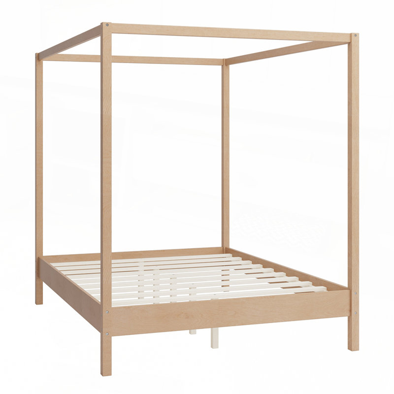 Structure de lit à baldaquin en bois massif avec conception à quatre colonnes, support de lattes et pas de sommier, naturel