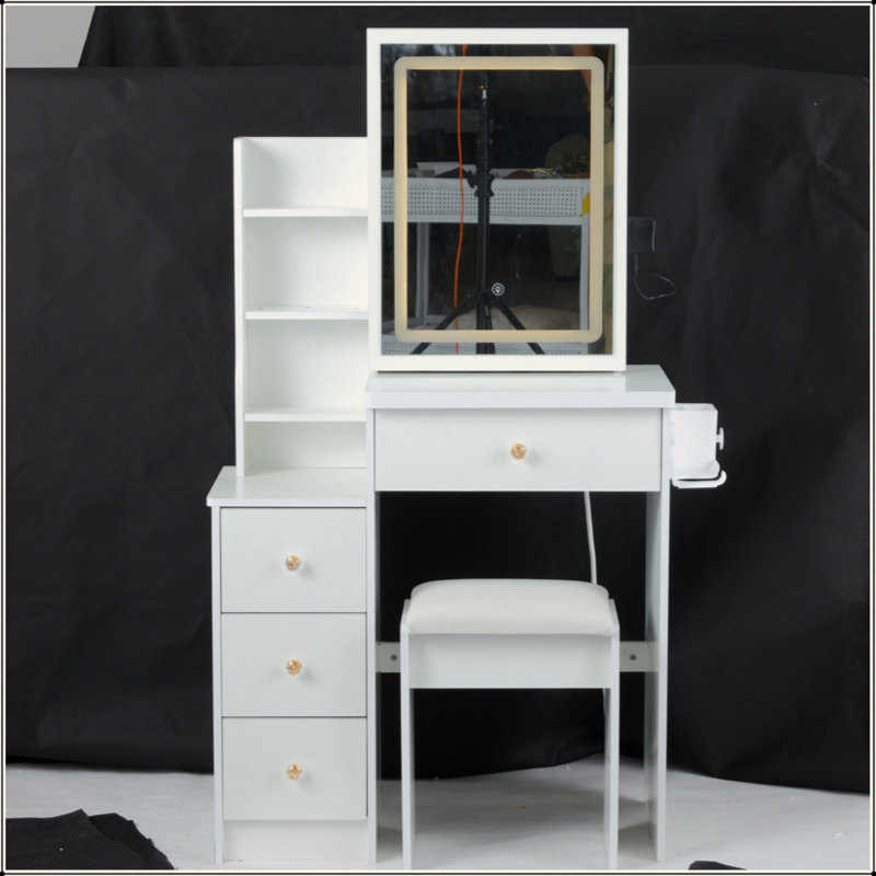 Small Size Left Bedside Cabinet Vanity Table + Cushioned Stool, 2 AC+2 USB Power Station, Hair Dryer Bracket, Extra Large Touch Control Sliding LED Mirror, Tri-Color Switching, EPA,GCC,UL Certificate