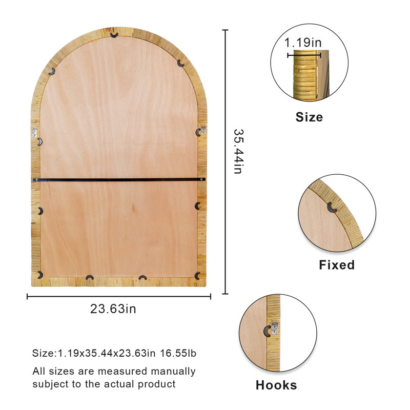 Natural Rattan Arched Wall Mirror, 36" x 24" Boho Decor
