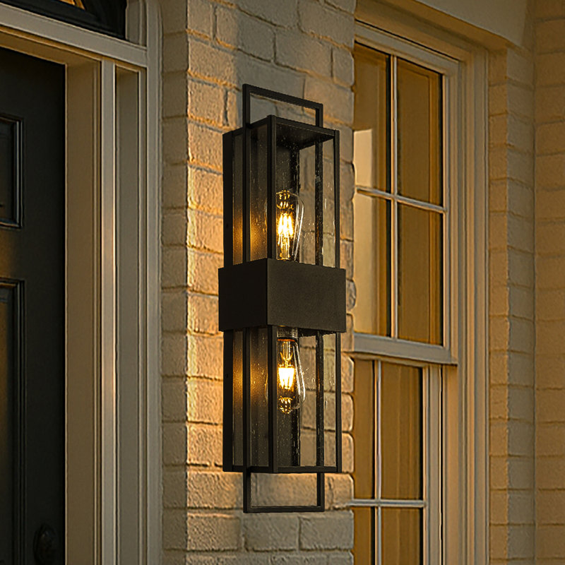 Modern Outdoor Wall Light With Dusk To Dawn Sensor H26'' Black Exterior Wall Lantern With Seeded Glass 2-light Waterproof Sconce For Porch Garage Entryway Bulbs Not Included