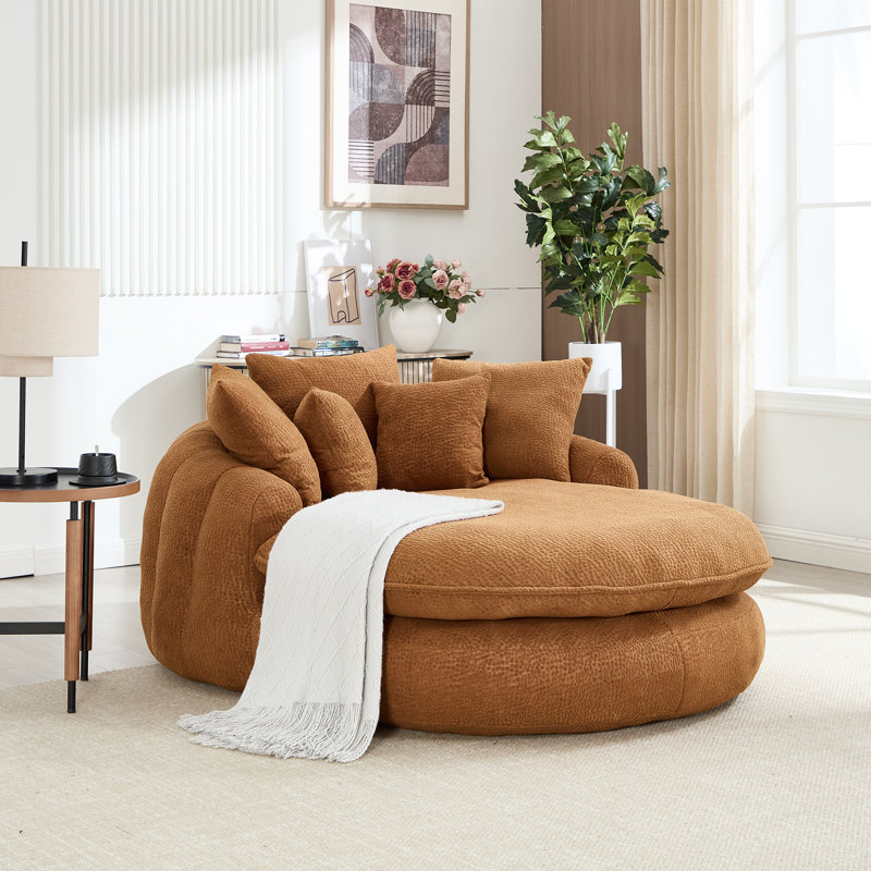 53" Chenille Barrel Chair, Oversized Round Chaise Lounge Single Sofa Chair With Pillows, Brown