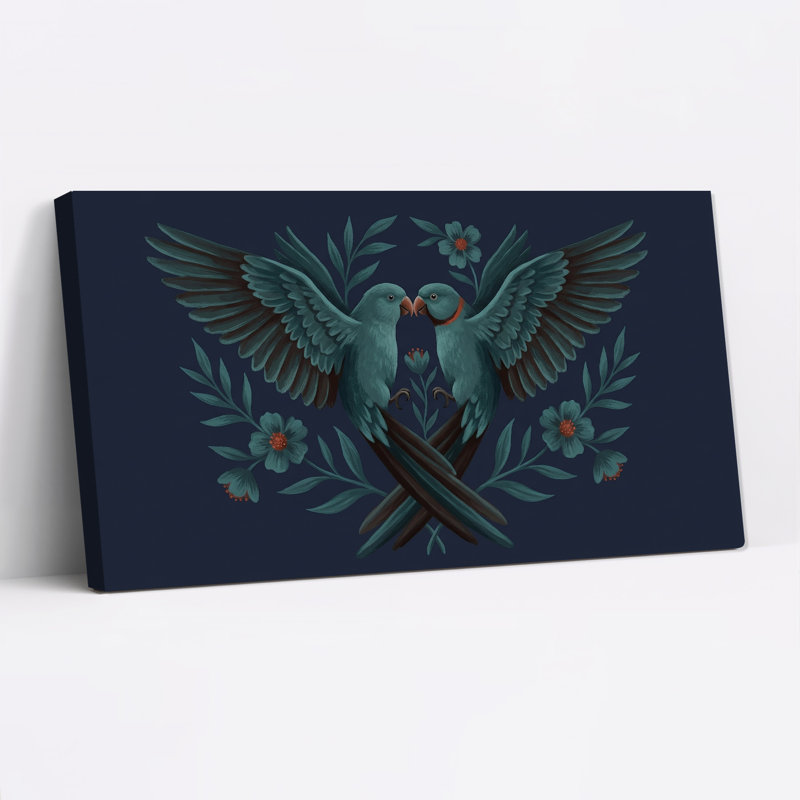 Oiseaux sarcelles se touchant le bec sur des branches croisées avec des fleurs - Tableau sur toile, L 40 po x H 20 po
