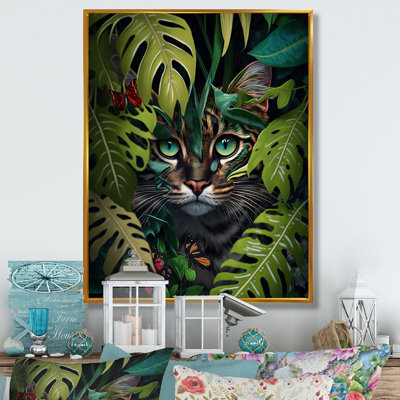 Mignon chat avec papillon dans les buissons de la jungle V - animaux, art mural sur toile