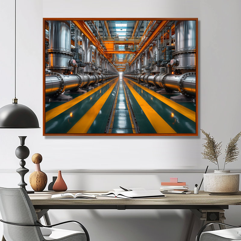 Tuyau industriel jaune, gris, industriel et monochrome, Toile avec cadre flottant brun, H 30 po x l 40 po x P 1,5 po