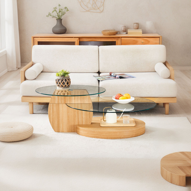 Double Clear Glass Oval Single Coffee Table, Beige