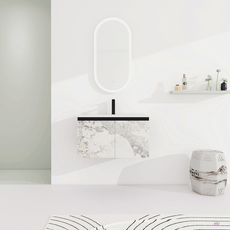 Meuble-lavabo mural flottant 30 po avec lavabo en céramique et porte d'armoire à fermeture en douceur, ensemble KD