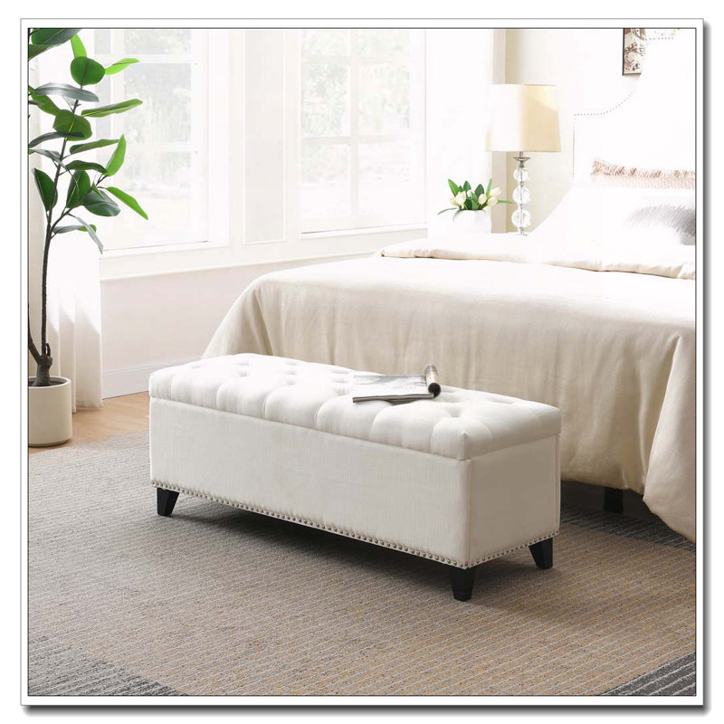 Banc de rangement en lin capitonné, Beige