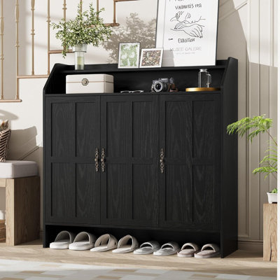 47" Farmhouse Shoe Cabinet with 3 Doors, Adjustable Shelves & 2-Layer Open Storage Rack, 5-Tier Shoe Organizer for Entryway Living Room