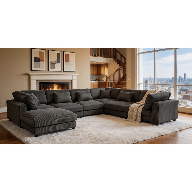 Arliz 7 - Piece 144" Wide Reversible Modular Corner Sectional with Ottoman, Midnight Grey