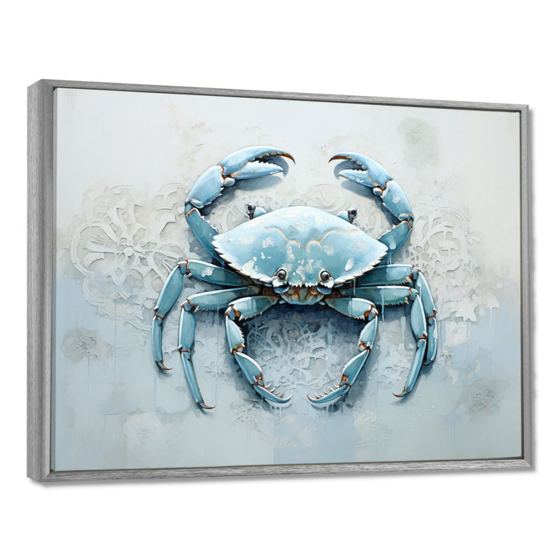 Minimalisme bleu crabe impression I - impression sur toile crabe, H 30 po x l 40 po x P 1,5 po, Encadrement argenté