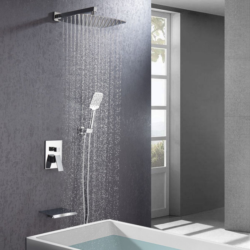 Single-Handle 3-Spray Square High Pressure Shower Faucet with Spout 12 in. Shower Head (Valve Included), Polished Chrome