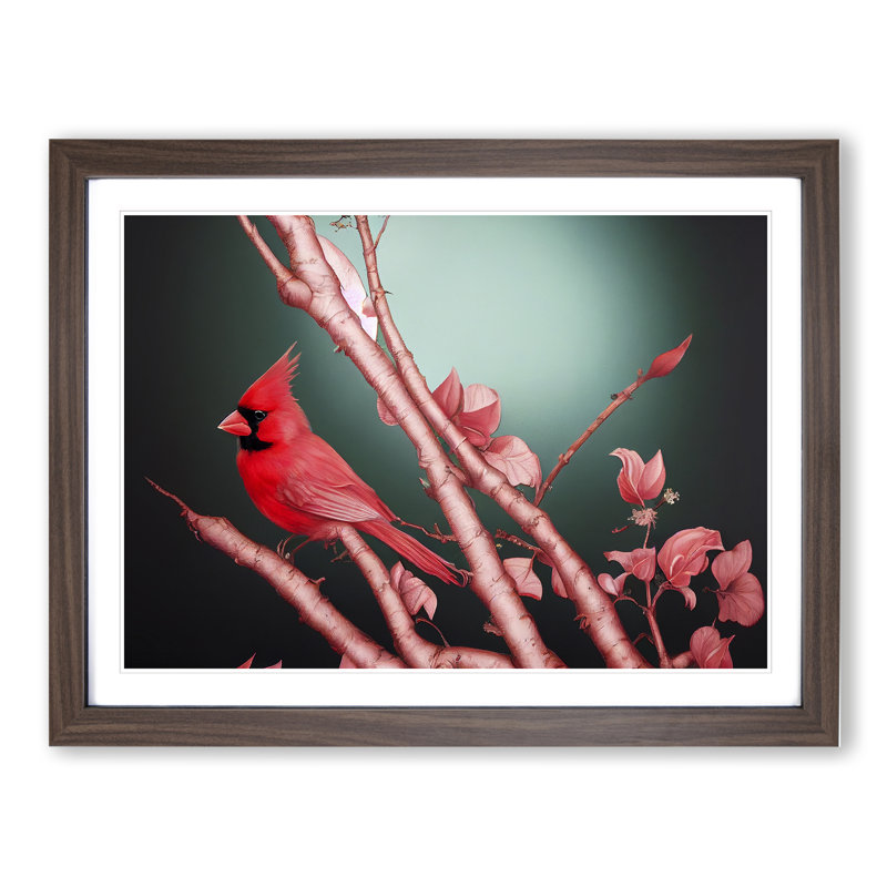 Cardinal Bird Vol.12 - Single Picture Frame Print, 25cm H x 34cm W x 2cm D, Walnut Framed