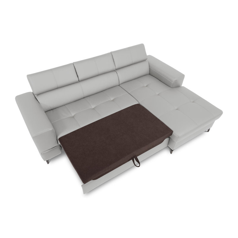 Tinos Genuine Leather Corner Sofa with Pull Out Bed with Storage and Adjustable Headrests, Light Grey, Right Hand Facing