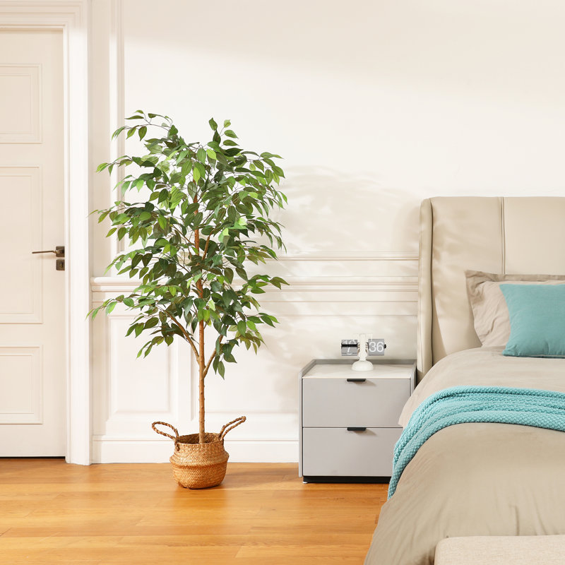Adcock Artificial Ficus Tree in Pot with Realistic Leaves and Natural Trunk, 59" H x 15" W x 15" D