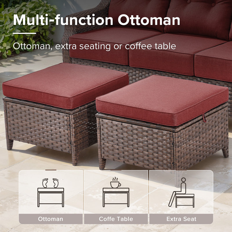 Sami 6-Piece Wicker Patio Furniture Set, 6-Inch Ultra Thick Cushioned 360° Swivel Glider Chairs & Multifunctional Ottomans