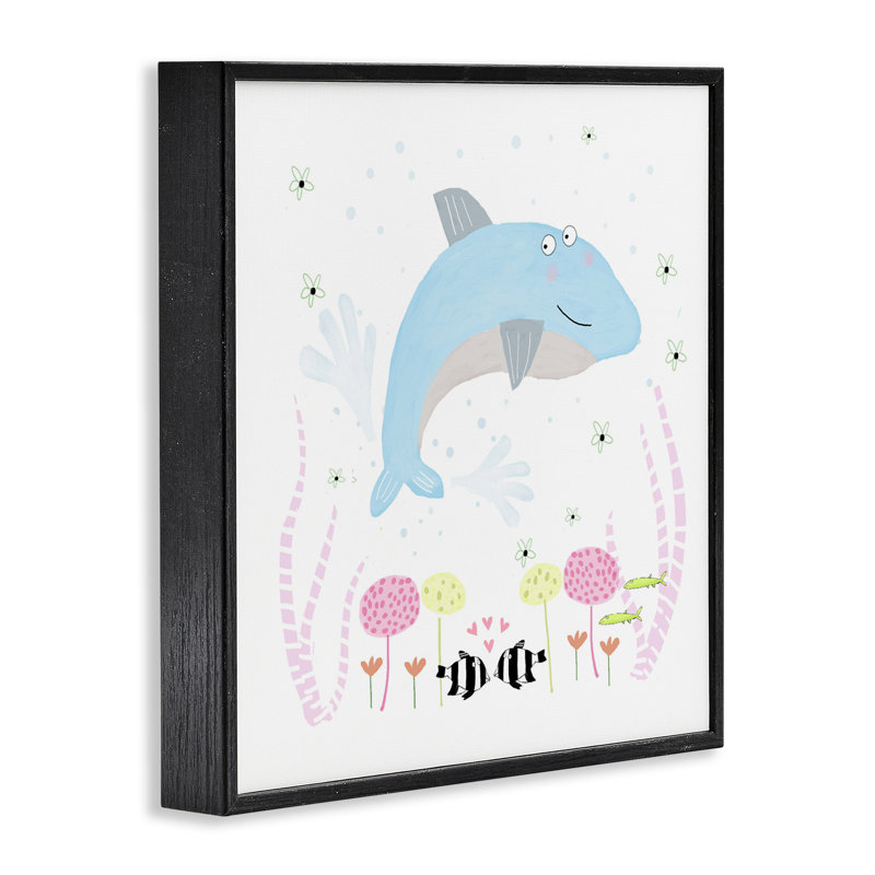 Bébé dauphin et fleurs, estampe numérique, design par Carla Daly, Giclée encadrée noir minuit, H 12 po x l 12 po