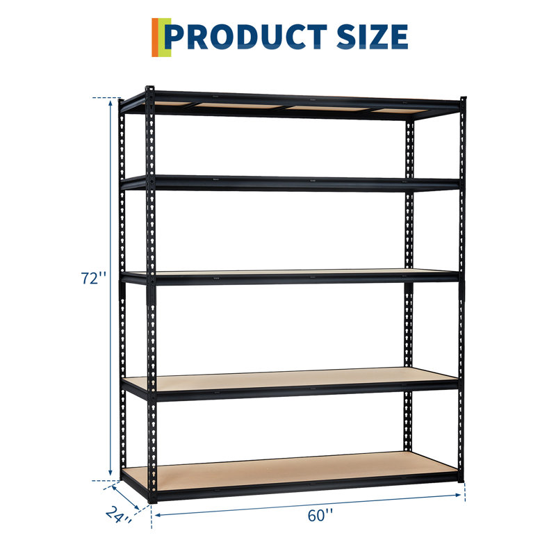 Étagère de garage robuste à 5 niveaux, support de rangement réglable en métal 2000 LBS, tablettes utilitaires sans boulons pour sous-sol et garde-manger, modèle divisé, 72 x 24 x 60 po, noir