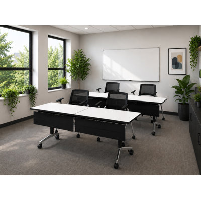 Tables de formation mobiles professionnelles avec prises électriques intégrées et chaises de travail gigognes | Ensemble de 2 tables et 4 chaises | Tables de formation gigognes pliantes de 203 cm (80 po) | Roulettes verrouillables | Mobilier pour salles de conférence et salles de classe | Blanc 4 places