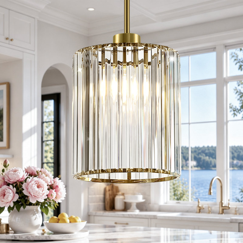 Michiel 1-Light 8.46in Cylinder Crystal Rod Pendant Light for Kitchen Island Dining Room Entryway, Brass