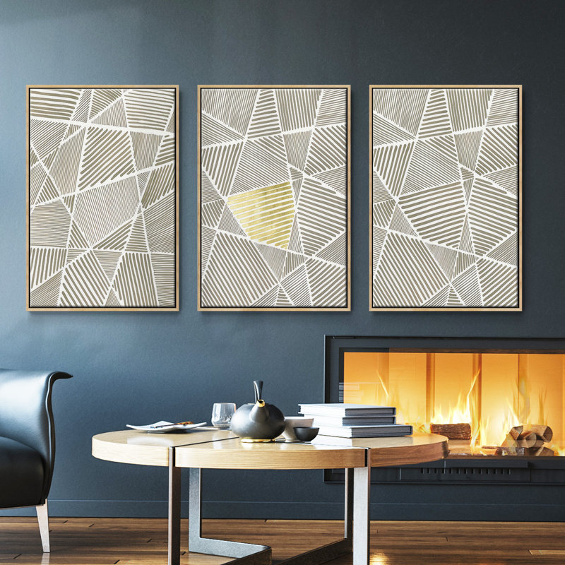 "White Field Flowers I", ensemble de 3 toiles encadrées, Bois naturel, H 27 po x l 54 po
