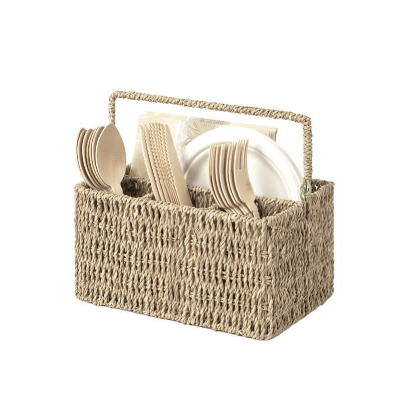 Hand-Woven Wicker Cutlery Holder with Handle, Flatware Basket Organizer