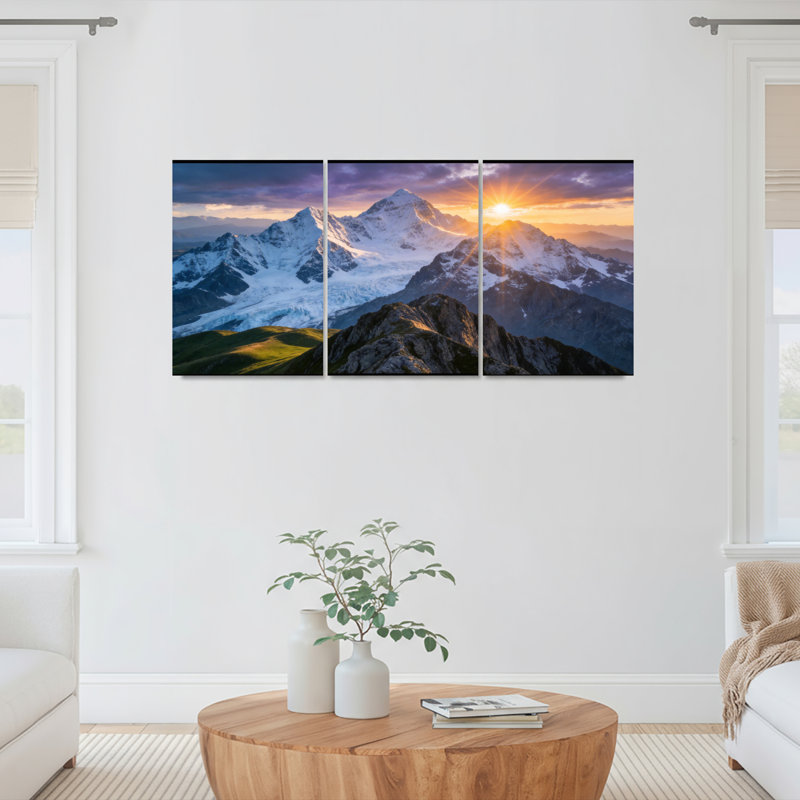 Ensemble de 3 toiles murales représentant un coucher de soleil sur une montagne, 2436