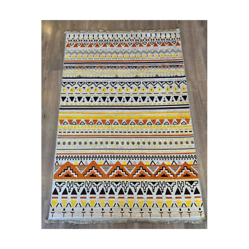 Ethnic Pattern Yellow Machine Washable Rug, Rectangle 3'11" x 5'11" Rug Pad Included