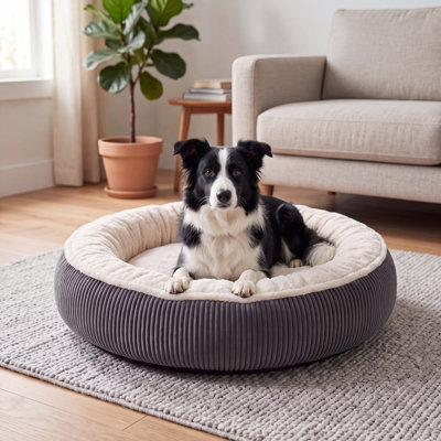 Grey‑White Round Donut‑Shaped Pet Bed, Fluffy Plush Calming Dog Cat Bed with Raised Bolster Rim, Warm Comfortable Sleeping Cushion for Indoor Small‑Medium Pets