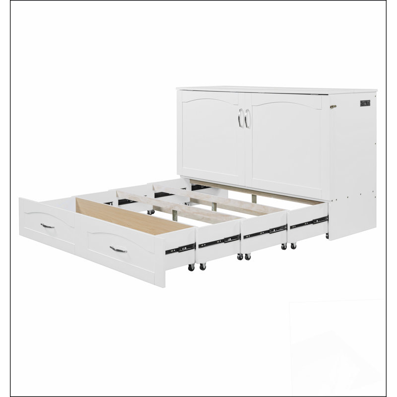 Grand lit escamotable mural avec tiroir et un ensemble de prises et de ports USB, structure à poulie