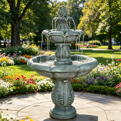 48" Outdoor Garden Water Fountains,3-Tier Large Cascading Indoor Floor-Standing Concrete Fountain Features w/Pump for Patio and Yard Decor