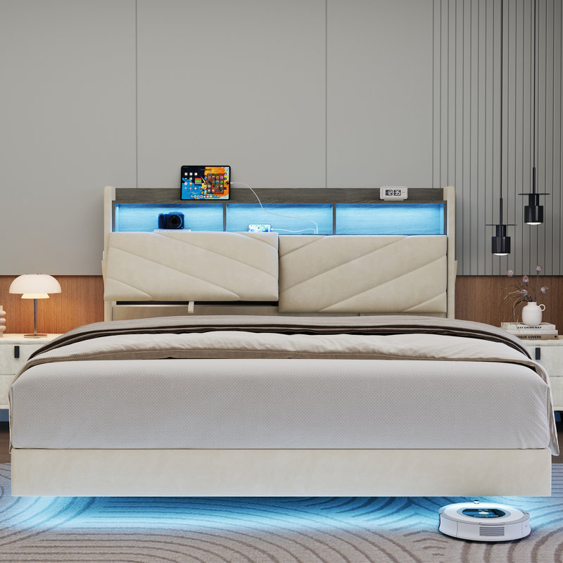 Sharwin LED Upholstered Bed Frame Floating Bed Frame With Storage Headboard, Queen