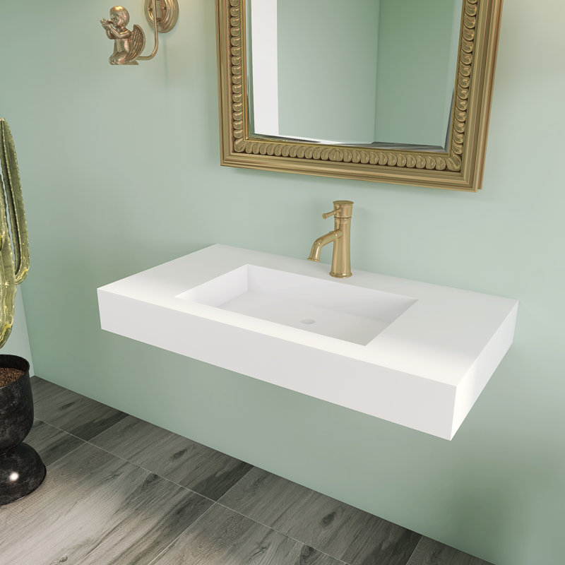 35''Solid Surface Wall Mount Bathroom Vessel Sink with Overflow In Matte White